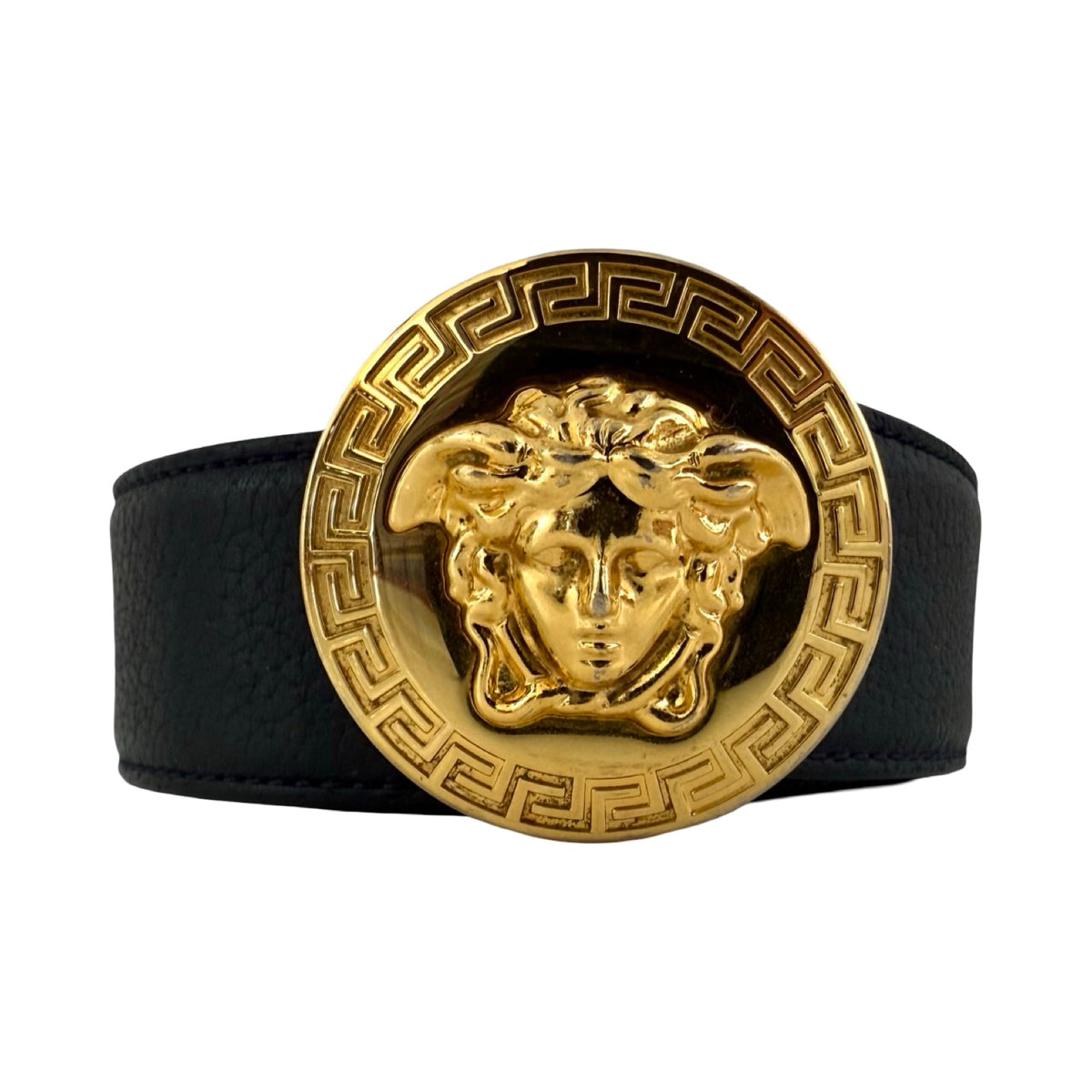 Versace Medusa Gold Medallion Black Leather Belt 110/44 – FOMO