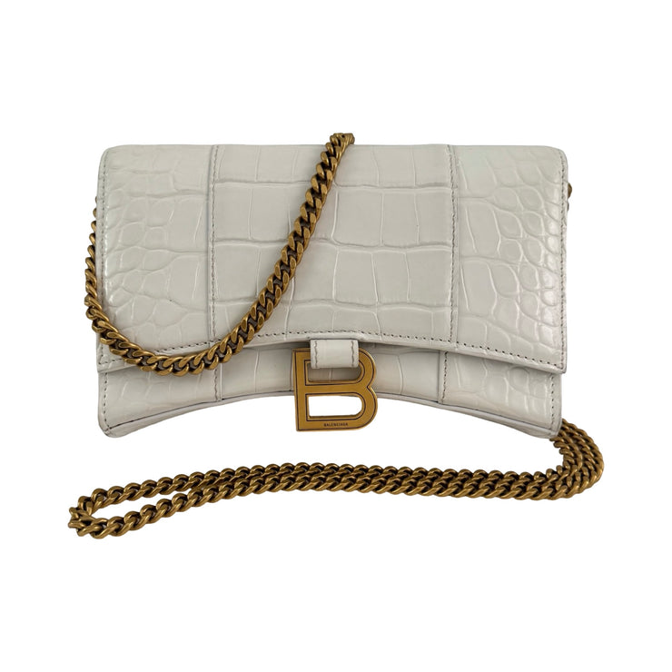 Balenciaga - White Croc Embossed Leather Hour Glass Wallet On Chain