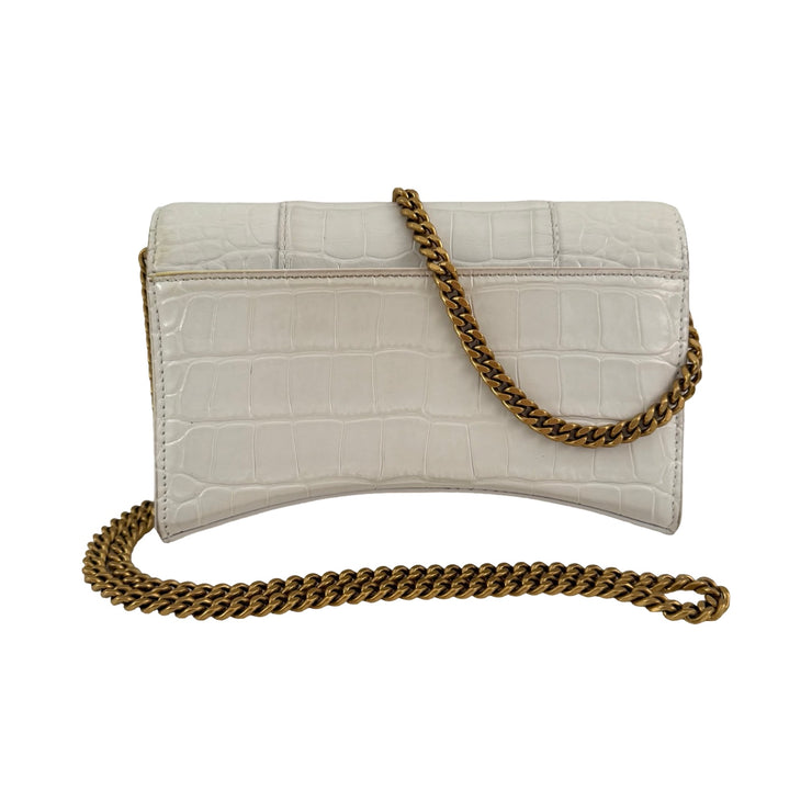Balenciaga - White Croc Embossed Leather Hour Glass Wallet On Chain