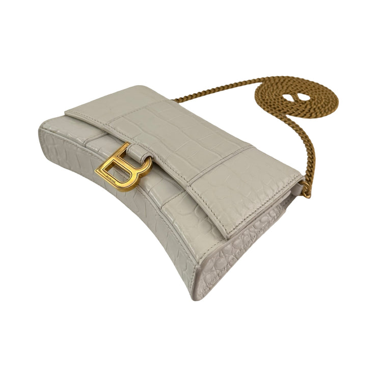 Balenciaga - White Croc Embossed Leather Hour Glass Wallet On Chain