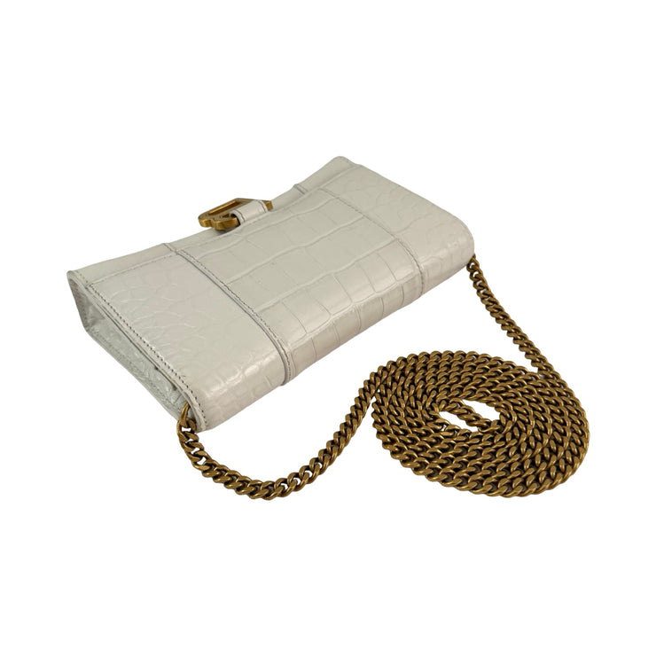 Balenciaga - White Croc Embossed Leather Hour Glass Wallet On Chain