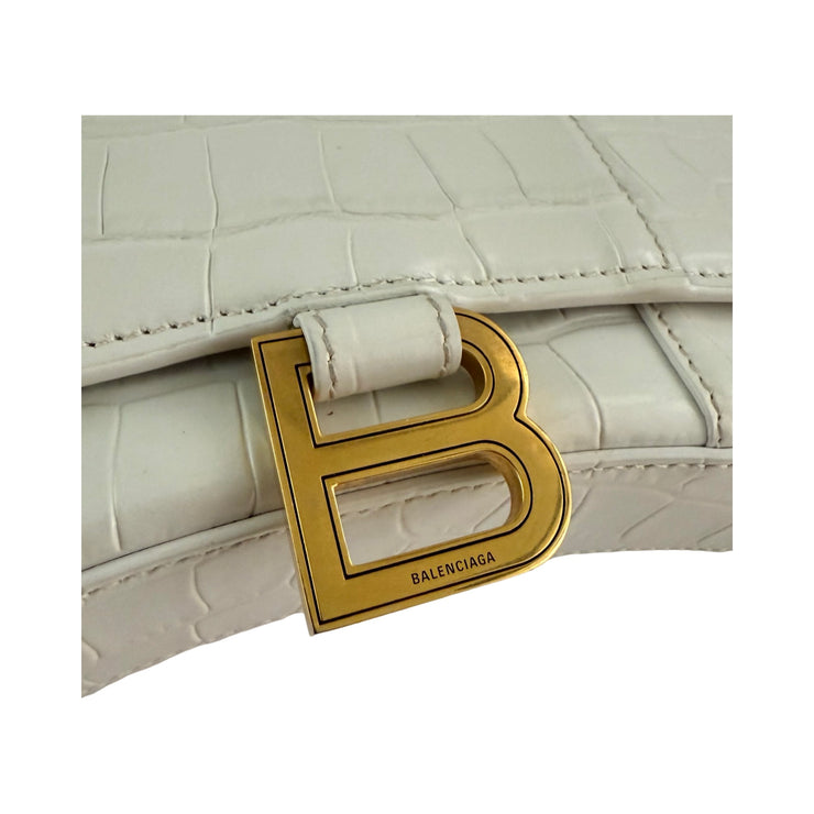 Balenciaga - White Croc Embossed Leather Hour Glass Wallet On Chain
