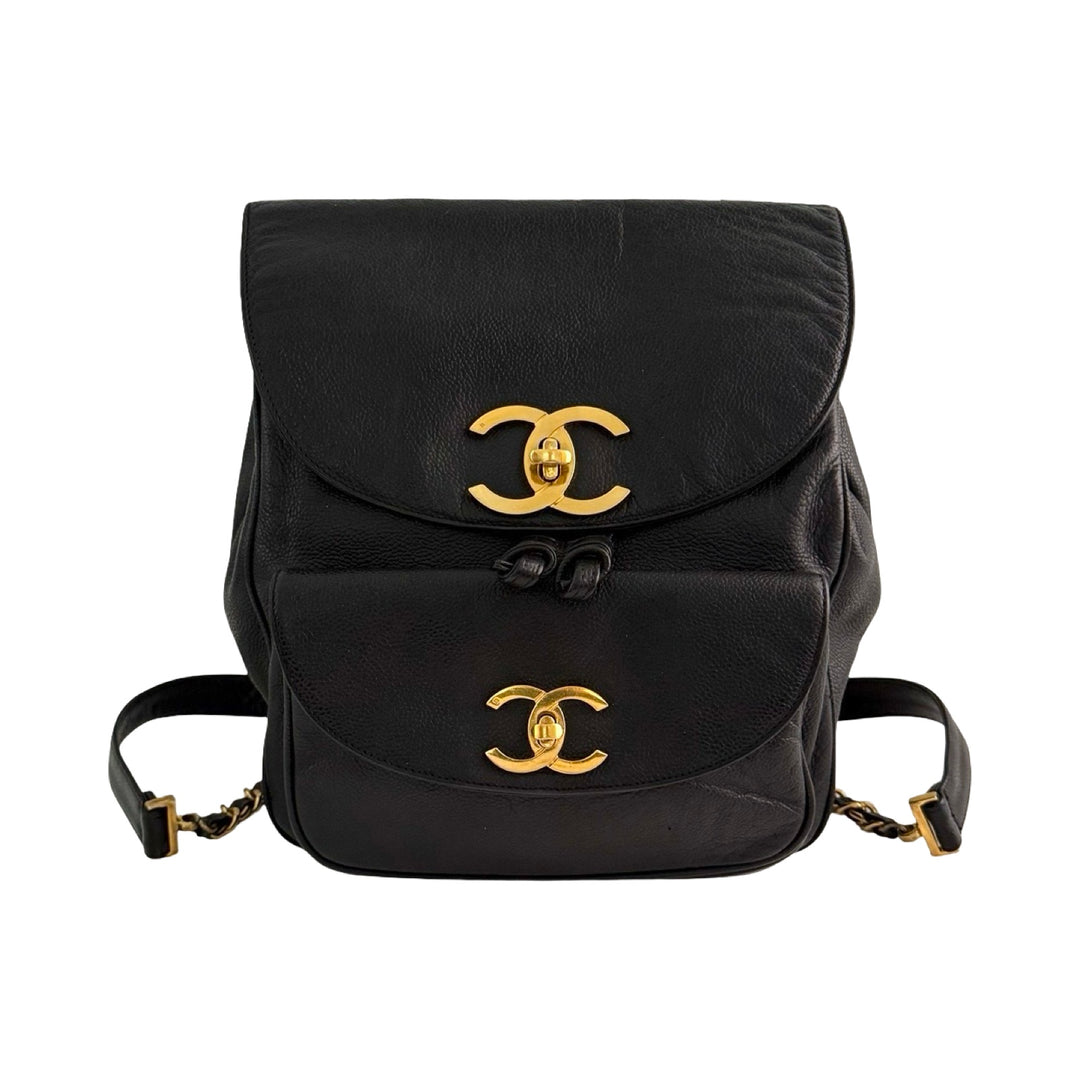 chanel leather backpack purse Chanel Black Caviar Double CC Turn Lock Backpack 1995