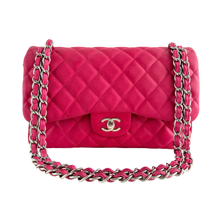 Chanel - CC Fuchsia Matte Pink Quilted Caviar Jumbo Double Flap