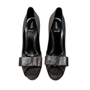 Fendi - Silver Brocade Bow Platform Peep Toe Pumps