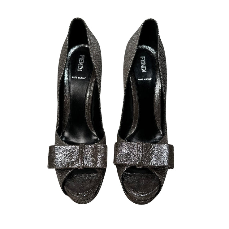 Fendi - Silver Brocade Bow Platform Peep Toe Pumps
