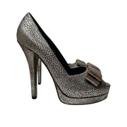 Fendi - Silver Brocade Bow Platform Peep Toe Pumps