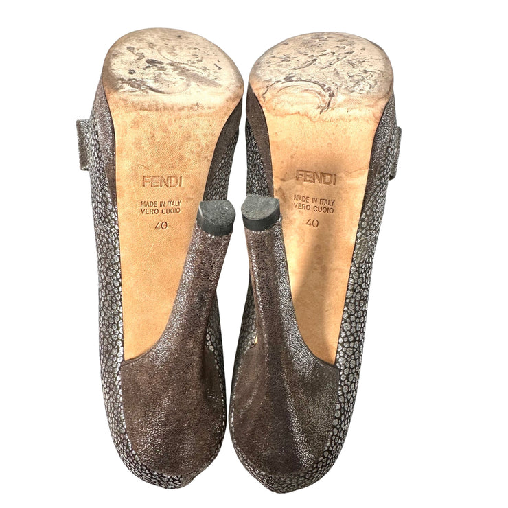 Fendi - Silver Brocade Bow Platform Peep Toe Pumps