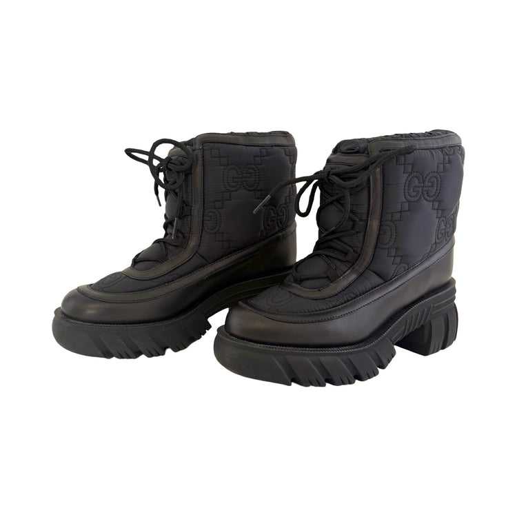 GUCCI ブラックレザー ワークブーツ Gucci GG Nylon & Black Leather Lace Up Boots 37 | FOMO