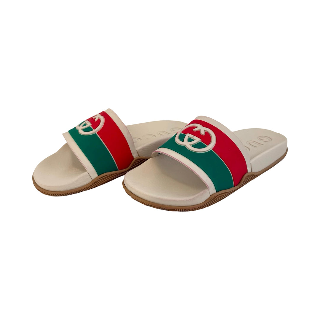 Gucci Mens White Slide Sandals with Green & Red Web Stripe Gucci Men main image 2