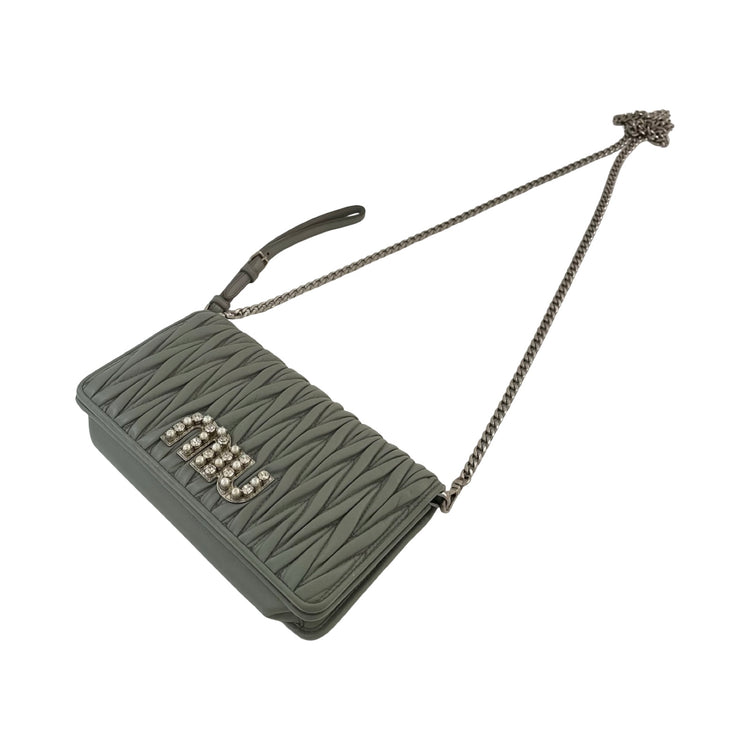 Miu Miu Grey Matelasse Pearl & Crystal Crossbody Wristlet – FOMO