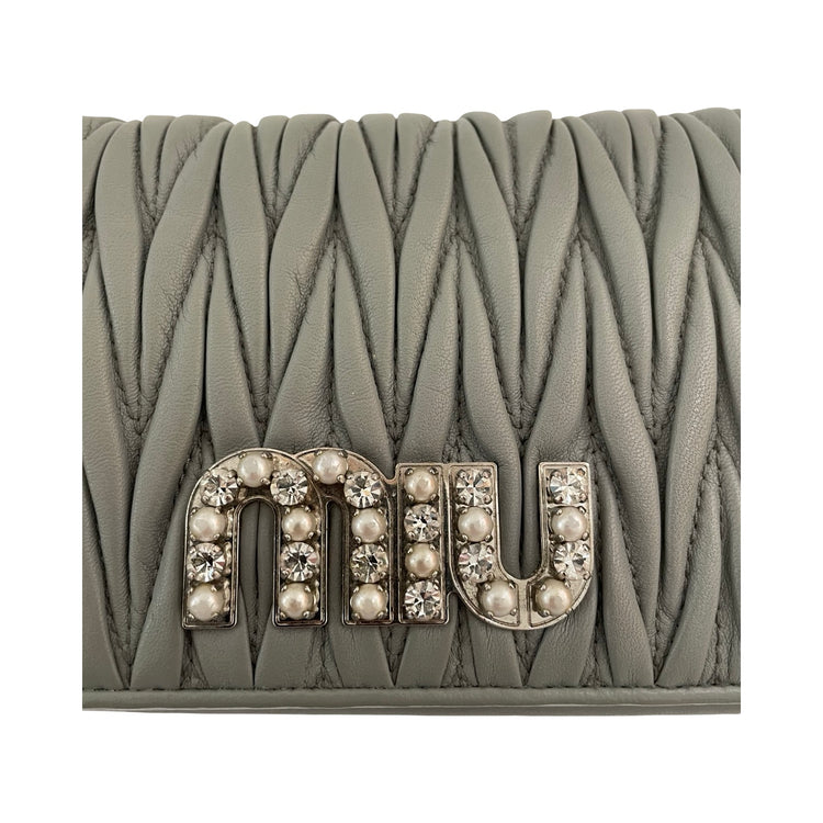 Miu Miu Grey Matelasse Pearl & Crystal Crossbody Wristlet – FOMO