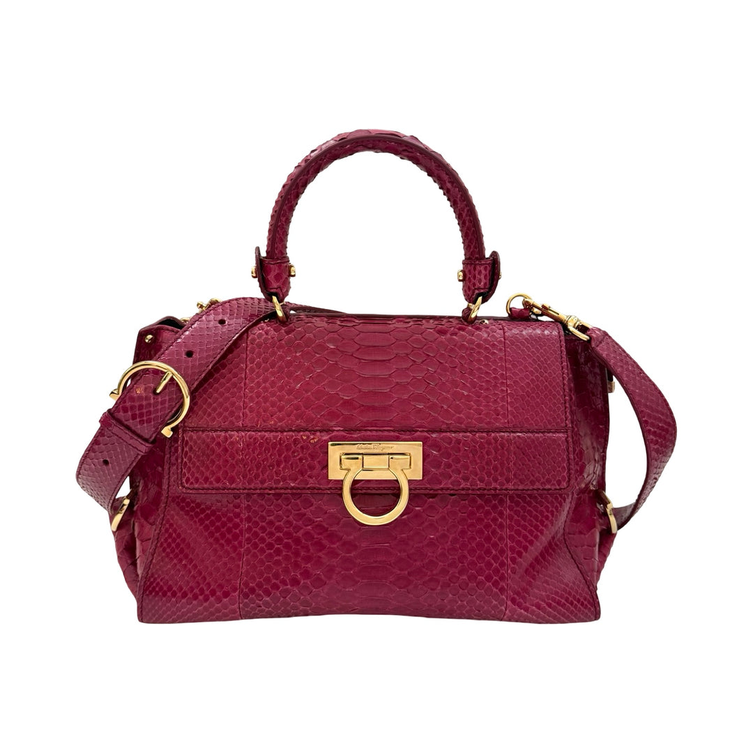 Salvatore Ferragamo Dark Fuchsia Python Sofia Satchel | FOMO
