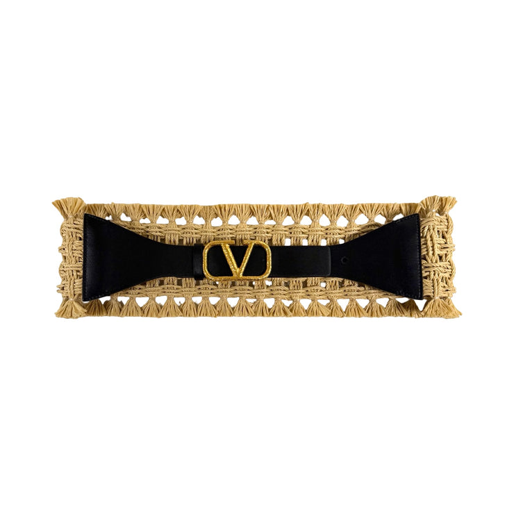 Valentino Garavani - Black Leather & Raffia VLogo Belt 75/30