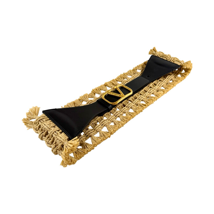 Valentino Garavani - Black Leather & Raffia VLogo Belt 75/30