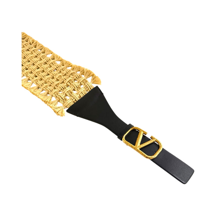 Valentino Garavani - Black Leather & Raffia VLogo Belt 75/30