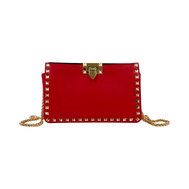 Valentino Garavani - Red Leather Rockstud Clutch On Chain