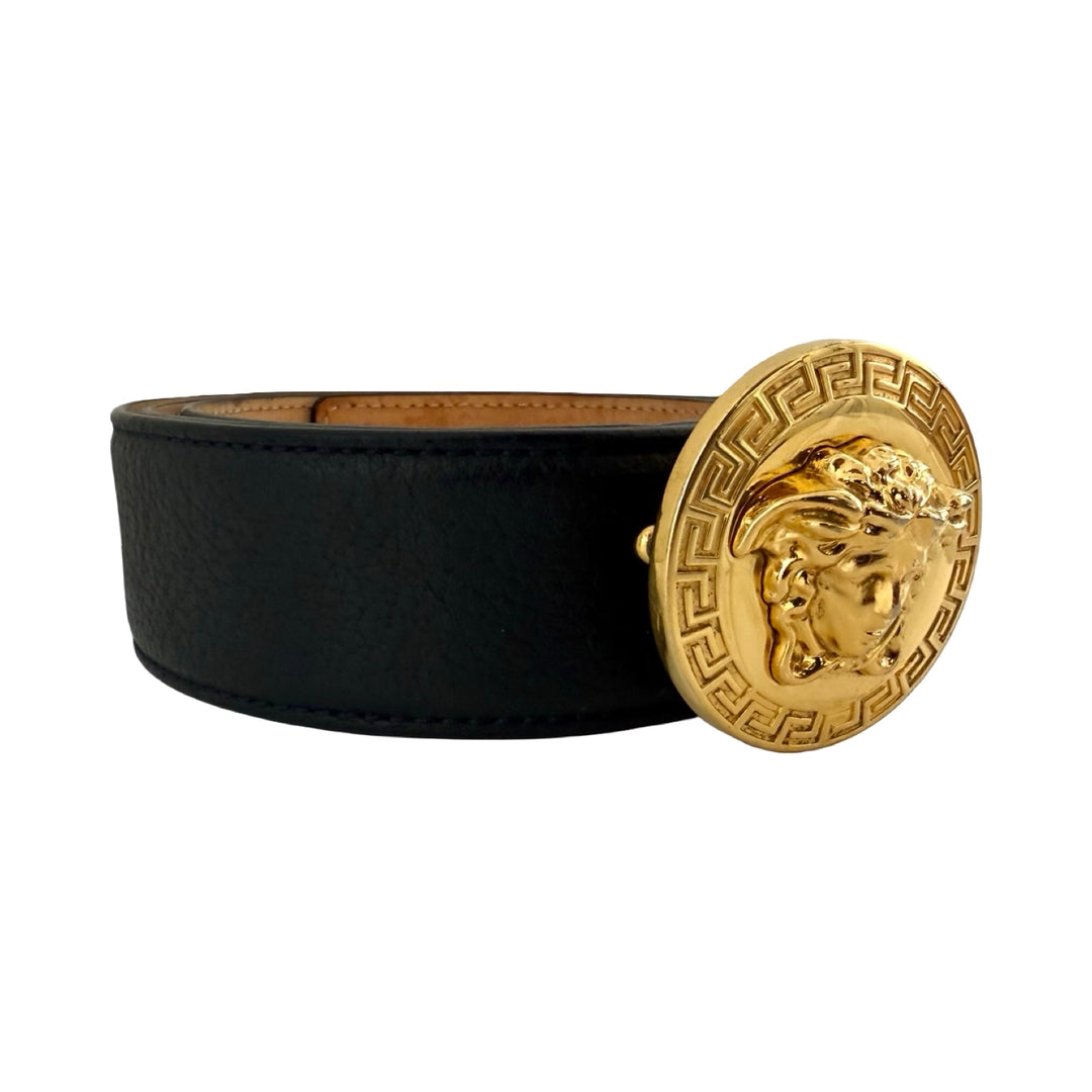 Versace Medusa Gold Medallion Black Leather Belt 110/44 – FOMO