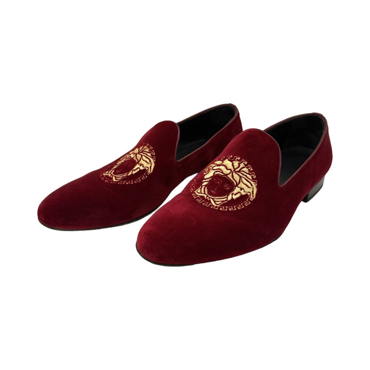 versace dress shoes Versace Men's Medusa Red & Gold Velvet Slip-on Loafers 43