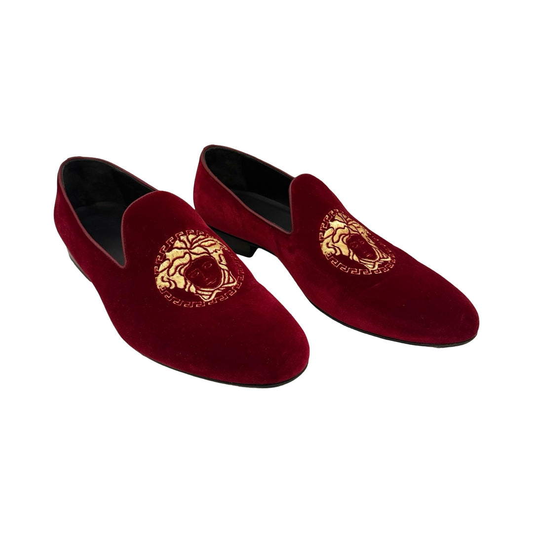 Versace Men's Medusa Red & Gold Velvet Slip-on Loafers 43